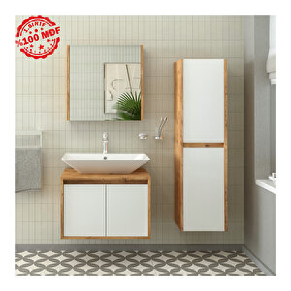 Roomart Lavabolu Boy Dolaplı 65 Cm Banyo Dolap Takımı - Ahşap Mat Beyaz Banyo Dolabı / Mobilyası Fiyatı