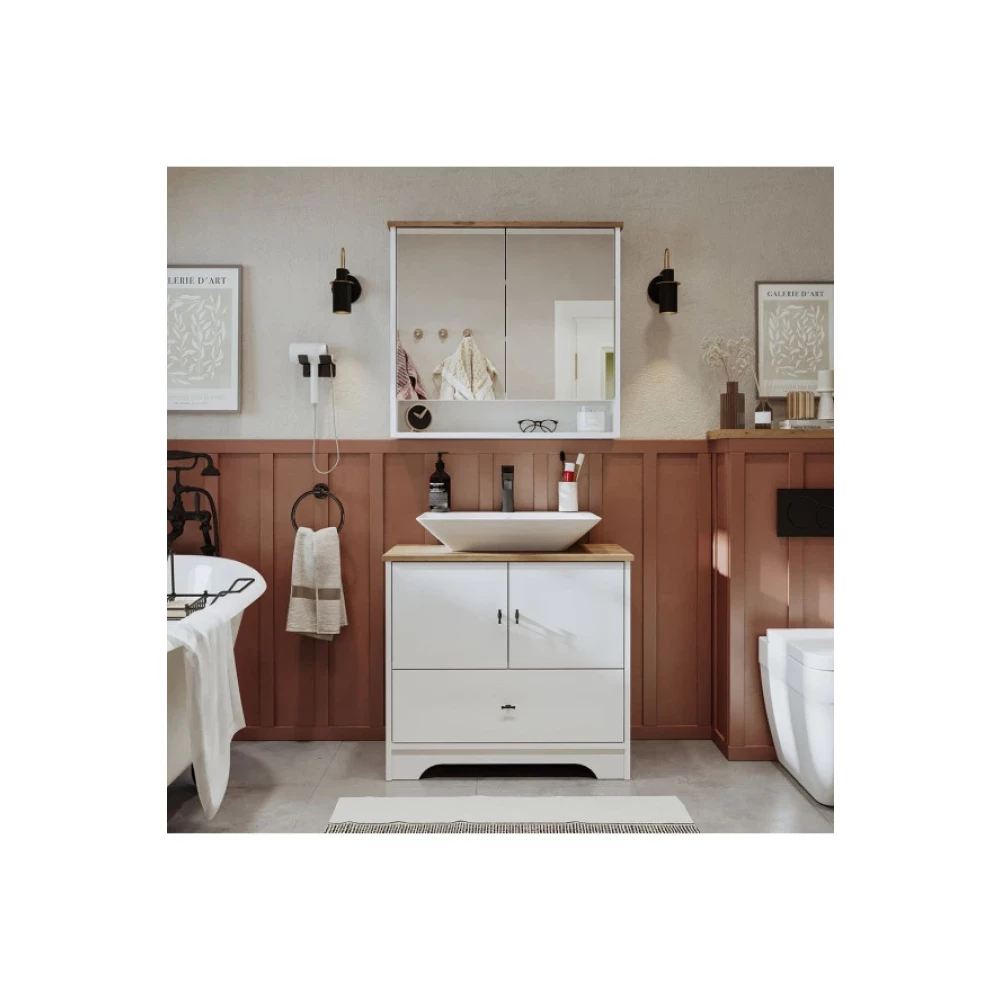Roomart Lavabolu Mat Beyaz Mdf 80 Cm Cekmeceli Banyo Dolabi + Aynali Ust Dolabi Banyo Dolabı / Mobilyası Fiyatı