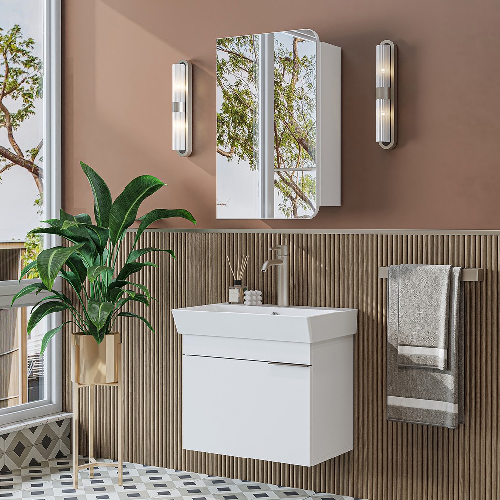 Roomart Likya Lavabolu Banyo Dolabı Takımı, Mdflam Tek Kapaklı Lavabolu 59 cm Banyo Alt Dolabı + Üst Dolabı - Beyaz Banyo Dolabı / Mobilyası Fiyatı