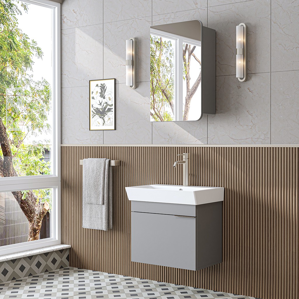 Roomart Likya Lavabolu Banyo Dolabı Takımı, Mdflam Tek Kapaklı Lavabolu 59 cm Banyo Alt Dolabı + Üst Dolabı - Kül Gri Banyo Dolabı / Mobilyası Fiyatı