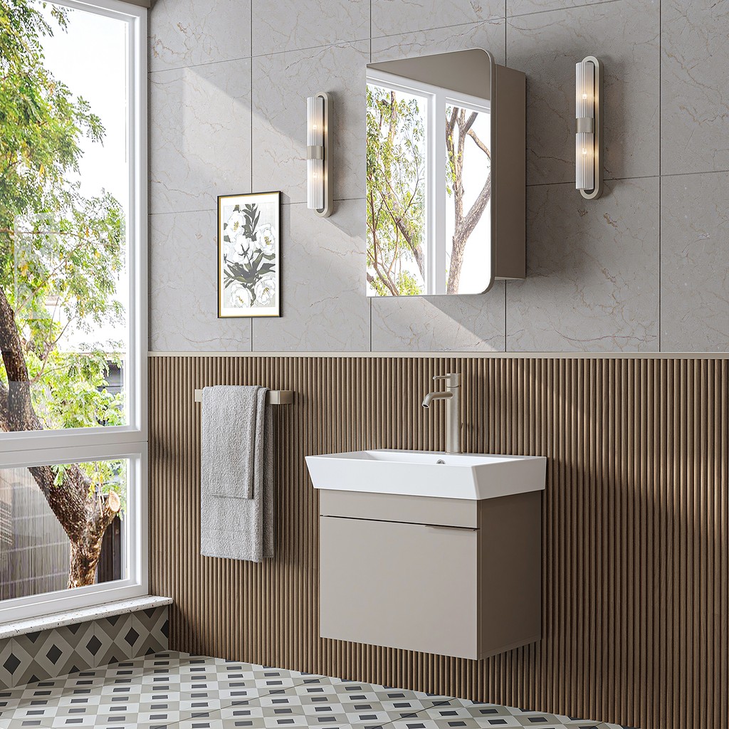 Roomart Likya Lavabolu Banyo Dolabı Takımı, Mdflam Tek Kapaklı Lavabolu 59 cm Banyo Alt Dolabı + Üst Dolabı - Kum Taşı Banyo Dolabı / Mobilyası Fiyatı
