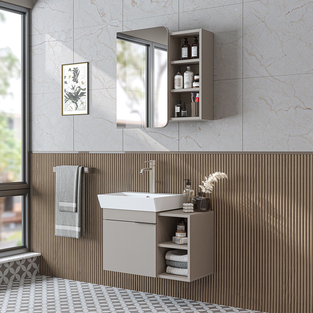 Roomart Likya Mdflam Lavabolu Banyo Dolabı Takımı, 72 cm Lavabolu Banyo Alt Dolabı + Üst Dolabı - Kum Taşı Banyo Dolabı / Mobilyası Fiyatı