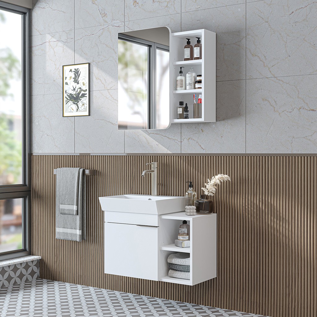 Roomart Likya Mdflam Lavabolu Banyo Dolabı Takımı, 72 cm Lavabolu Banyo Alt Dolabı + Üst Dolabı - Mat Beyaz Banyo Dolabı / Mobilyası Fiyatı