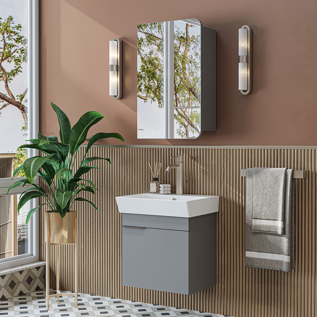 Roomart Likya Mdflam Tek Kapaklı Lavabolu 49 cm Banyo Dolabı + Üst Dolabı, Mini Lavabolu Banyo Dolabı Takımı - Kül Gri Banyo Dolabı / Mobilyası Fiyatı