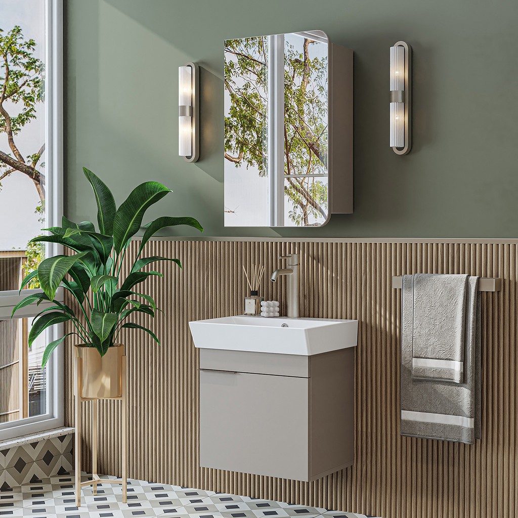 Roomart Likya Mdflam Tek Kapaklı Lavabolu 49 cm Banyo Dolabı + Üst Dolabı, Mini Lavabolu Banyo Dolabı Takımı - Kum Taşı Banyo Dolabı / Mobilyası Fiyatı