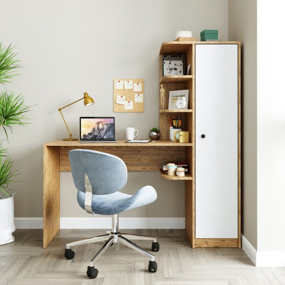 Roomart Roma Raflı Çalışma Masası , Çalışma Ofis Masası Sağ Dolap Atlantik Çam - 143 cm - Atlantik Çam - Beyaz Çalışma Masası Fiyatı