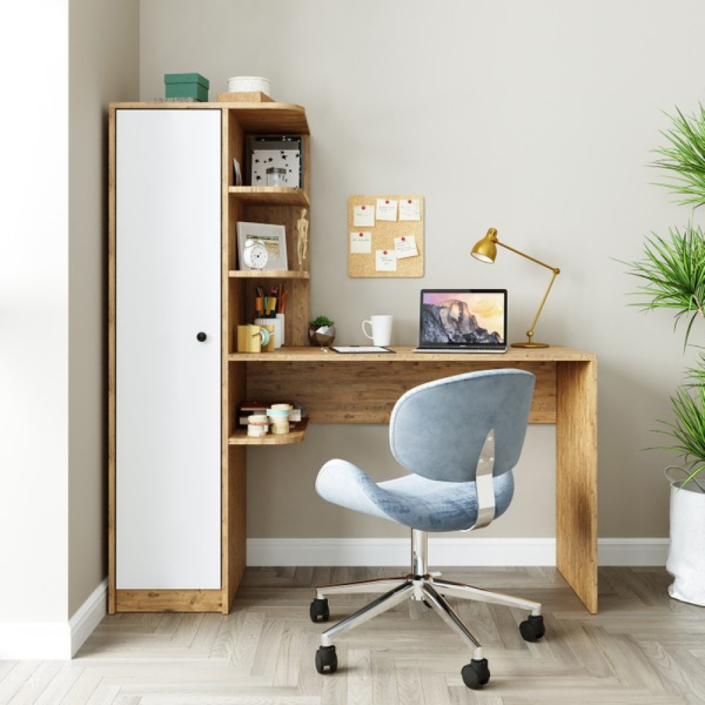 Roomart Roma Raflı Çalışma Masası , Çalışma Ofis Masası Sol Dolaplı Atlantik Çam - 143 CM - Atlantik Çam - Beyaz Çalışma Masası Fiyatı