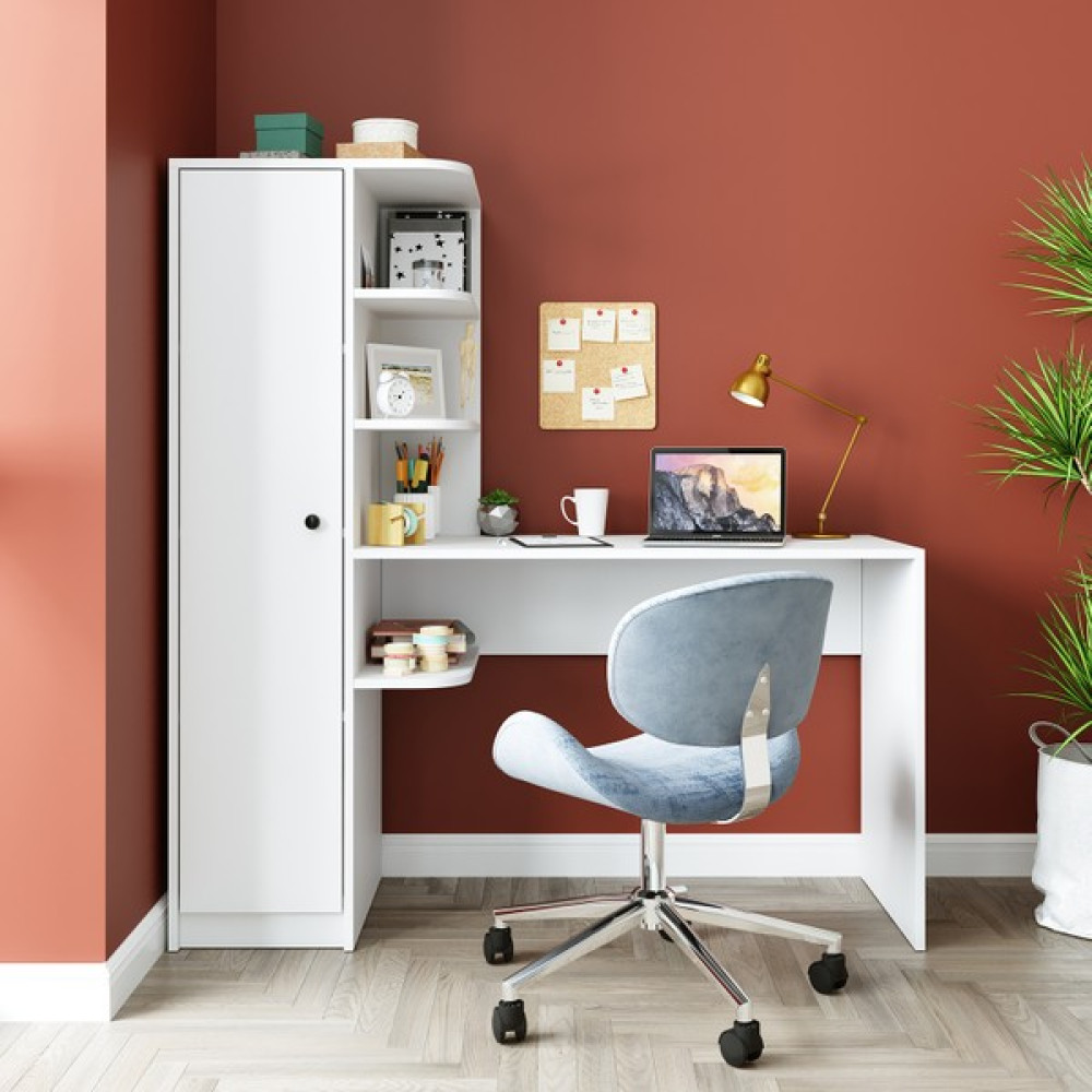 Roomart Roma Raflı Çalışma Masası , Çalışma Ofis Masası Sol Dolaplı Mat Beyaz Roma Masa Sol - 143 x 150 x 50 cm Çalışma Masası Fiyatı