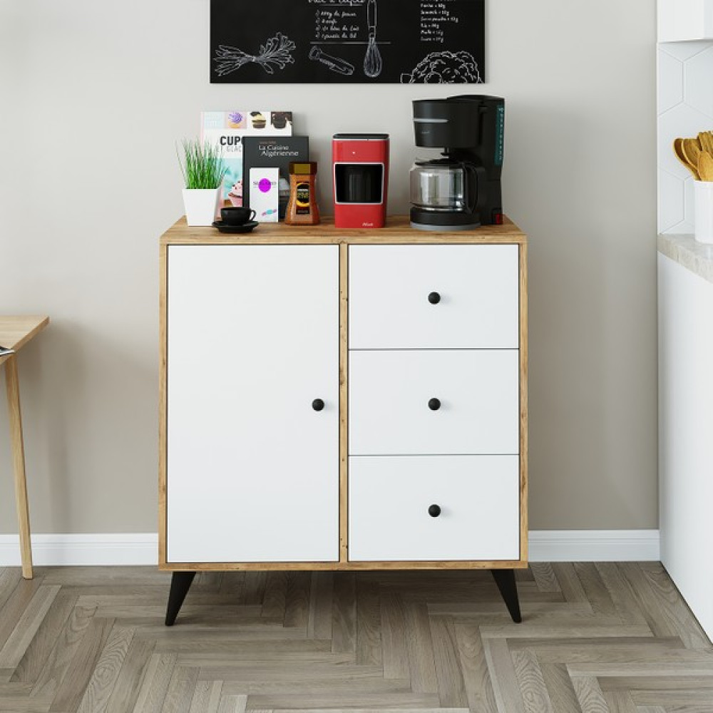 Roomart Tera 90 cm Çekmeceli Çok Amaçlı Dolap , Kiler Dolabı , Kitaplık , Mutfak Dolabı - Atlantik Çam - Beyaz Mutfak Dolabı / Mobilyası Fiyatı