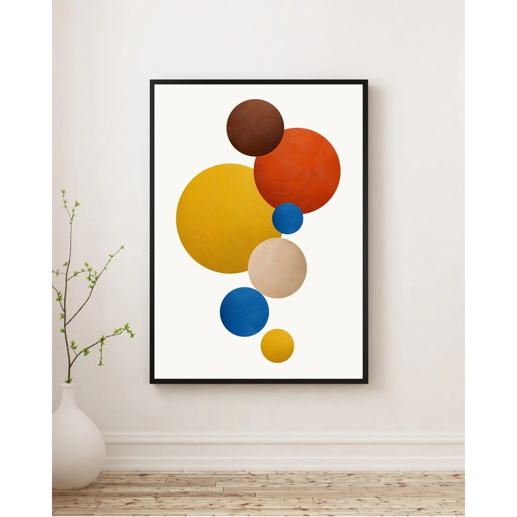 Rosaart Ahşap Çerçeveli Tablo -Modern Soyut Geometrik Daireler-Turuncu,mavi,sarı,kahverengi-Çerçeveli Poster - 50 x 70 - Renkli Kanvas Tablo Fiyatı