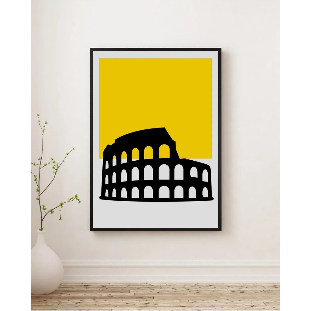 Rosaart Kolezyum Silüet Ahşap Çerçeveli Tablo, Roma Minimal, Sarı Fonlu Siyah Silüet - Duvar Dekoru - 30 x 40 - Renkli Kanvas Tablo Fiyatı