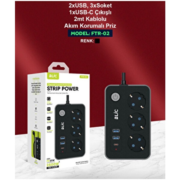 Rose Teknoloji Ftr-02 Termal Akım Korumalı 3 Priz 2 USB 1 Type-C Girişli 2m Kablolu Üçlü Priz - Siyah Bilgisayar Çevirici ve Adaptörü Fiyatı