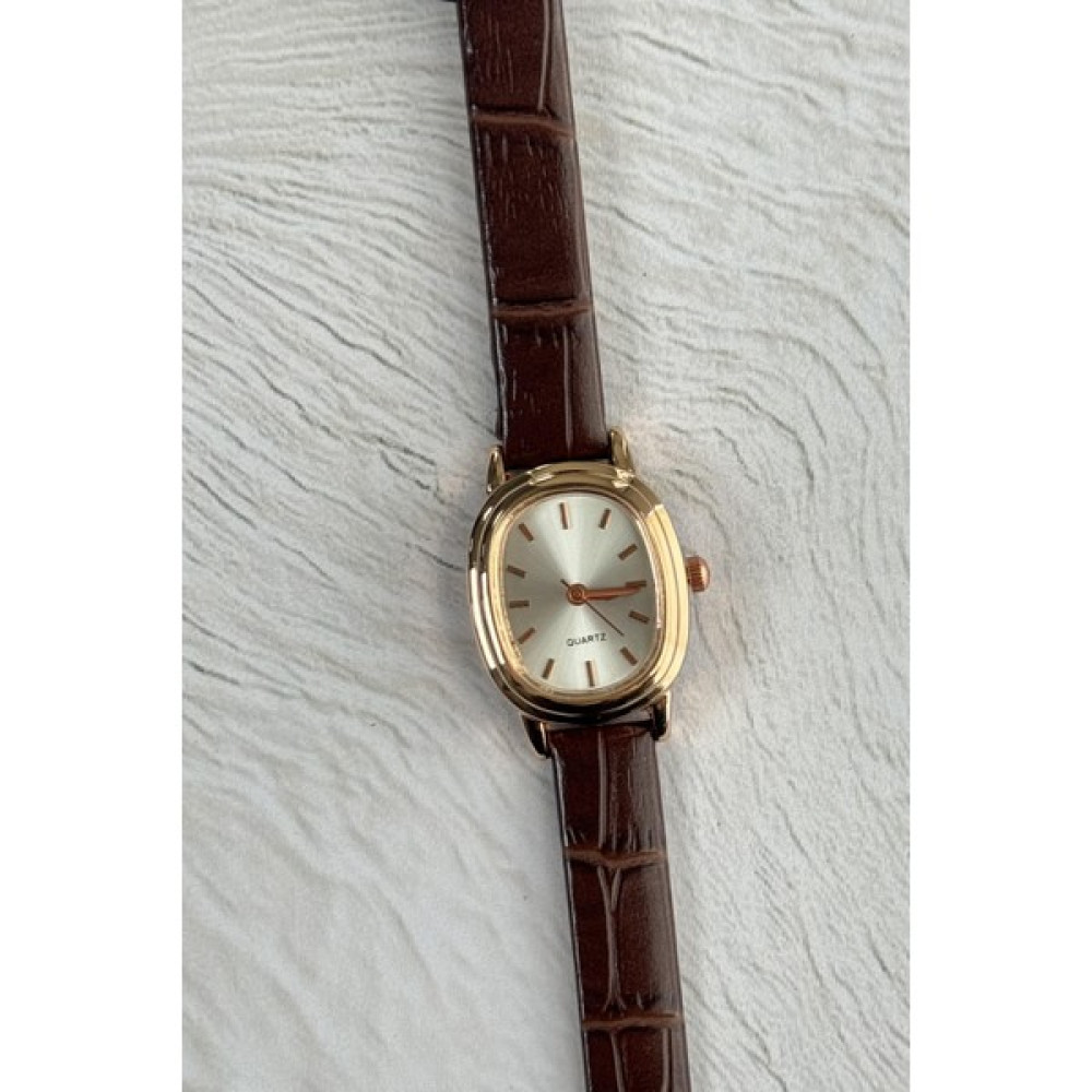 Roseandroses Mita Özel Seri Vintage Model Kadın Oval Gerçek Deri Minimal Vintage Yeni Sezon Rose Kasa Kol Saati Kahverengi Kol Saatleri Fiyatı