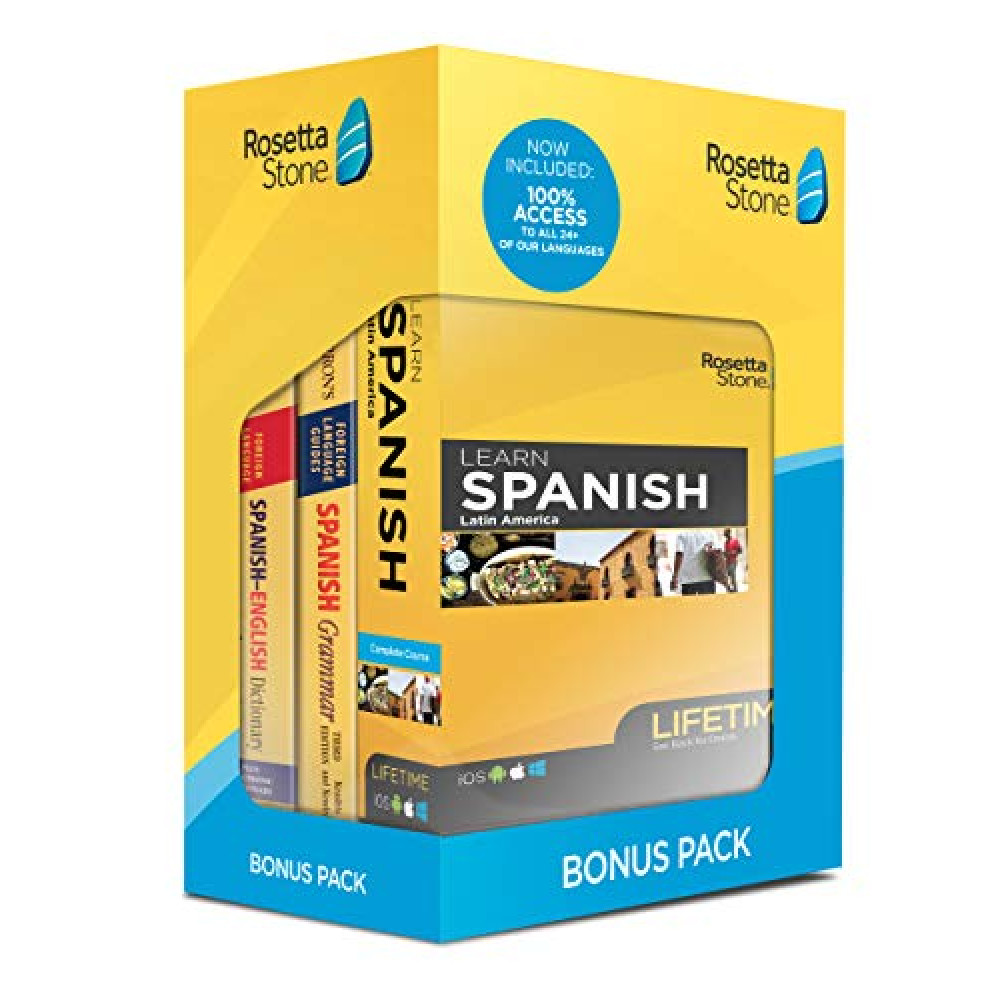Rosetta Stone Learn Spanish Bonus Pack Bundle| Lifetime Online Access + Grammar Guide + Dictionary Book Set| PC/Mac Keycard