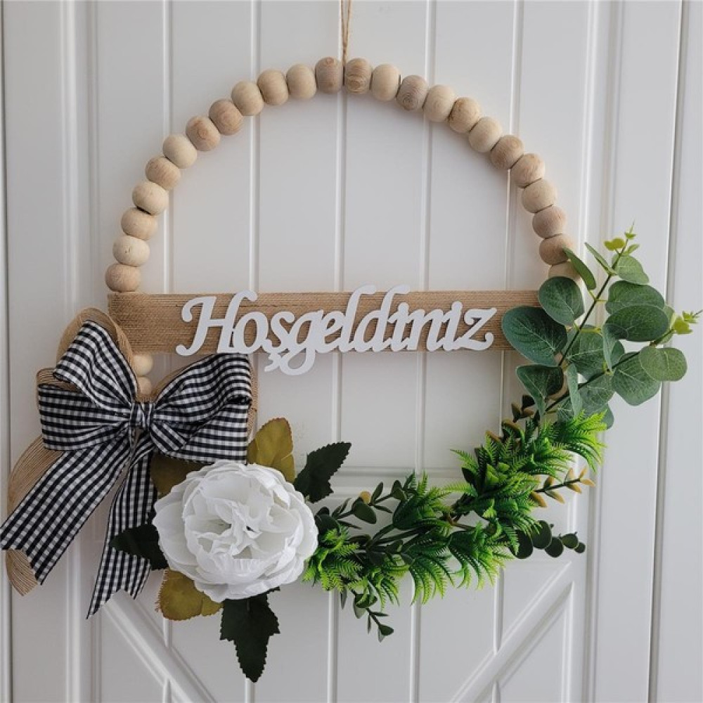 Rosfloa Doğal Ahşap Boncuklu Özel Tasarım Kapı Süsü Kapı Çelengi Duvar Süsü Hediyelik 32 cm - Beyaz Bebek Kapı Süsü Fiyatı