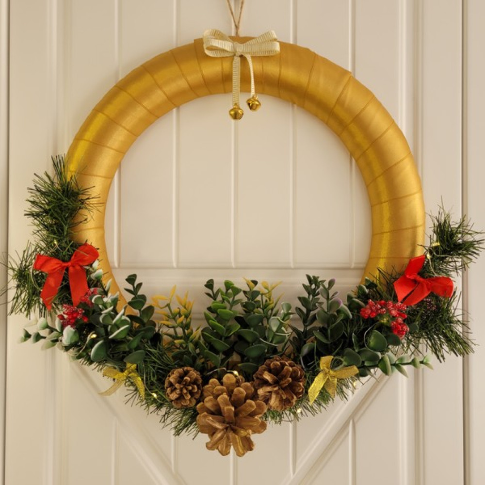 Rosfloa LED Işıklı Yılbaşı Özel Kapı Süsü Kapı Çelengi Duvar Süsü Hediyelik 36 cm - Gold Bebek Kapı Süsü Fiyatı