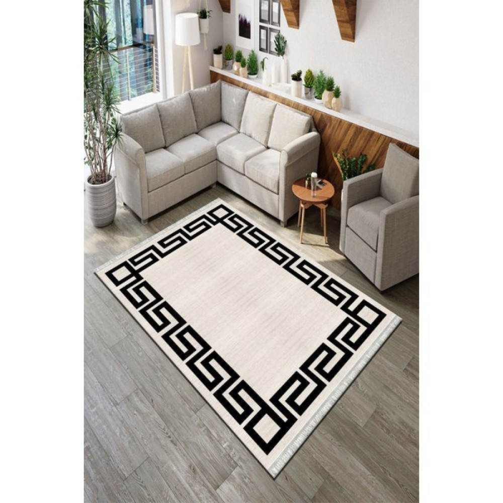 Roslyn Home Çizgili Modern Yıkanabilir Halı Kesme Yolluk Kilim Kadife Kumaş Dokuma Taban Halı Mutfak Halısı - Ekru - 180 x 180 cm Salon Halısı Fiyatı