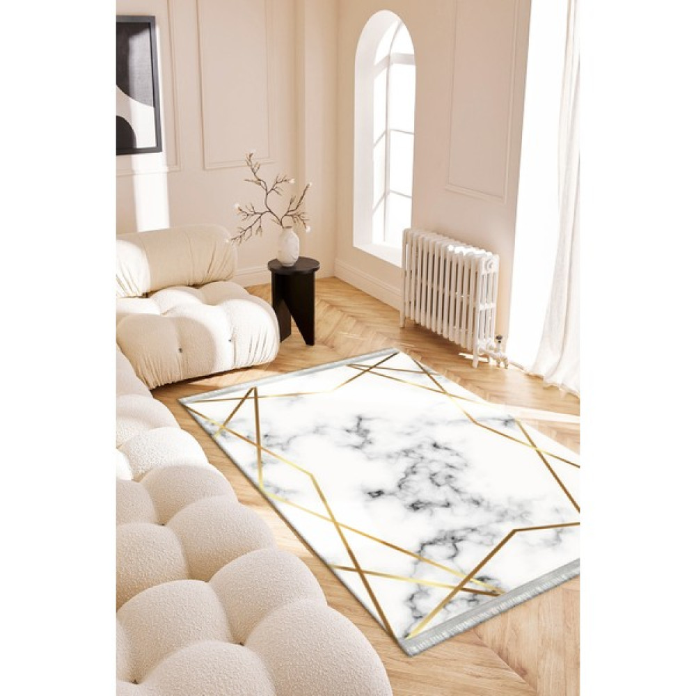 Roslyn Home Eskitme Modern Desenli Yıkanabilir Yolluk Kaymaz Tabanlı Dot Taban Kadife Kumaş Balkon Halısı - 100 x 250 cm - Beyaz Salon Halısı Fiyatı