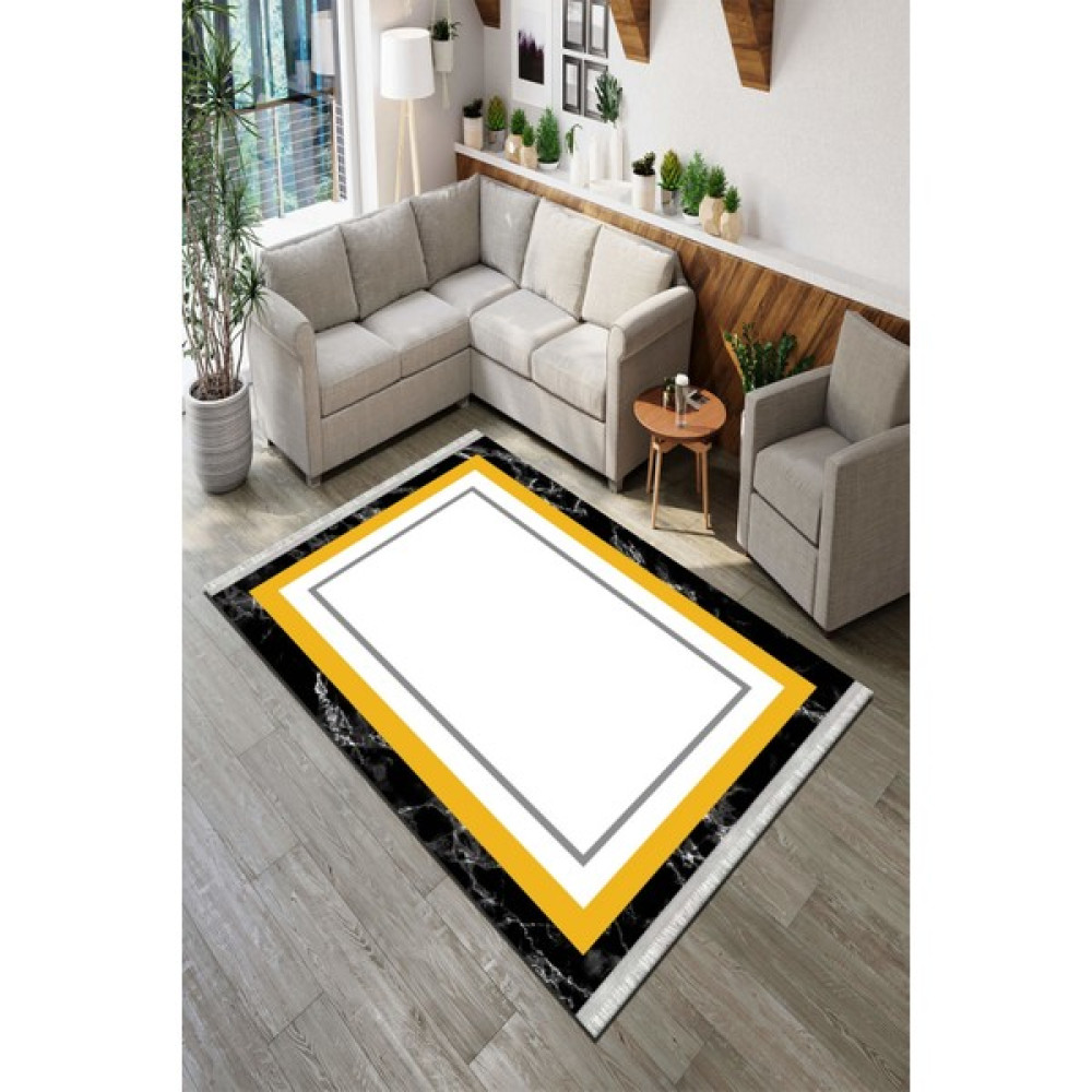 Roslyn Home Eskitme Modern Desenli Yıkanabilir Yolluk Kaymaz Tabanlı Dot Taban Kadife Kumaş Balkon Halısı - 100 x 250 cm - Sarı Salon Halısı Fiyatı