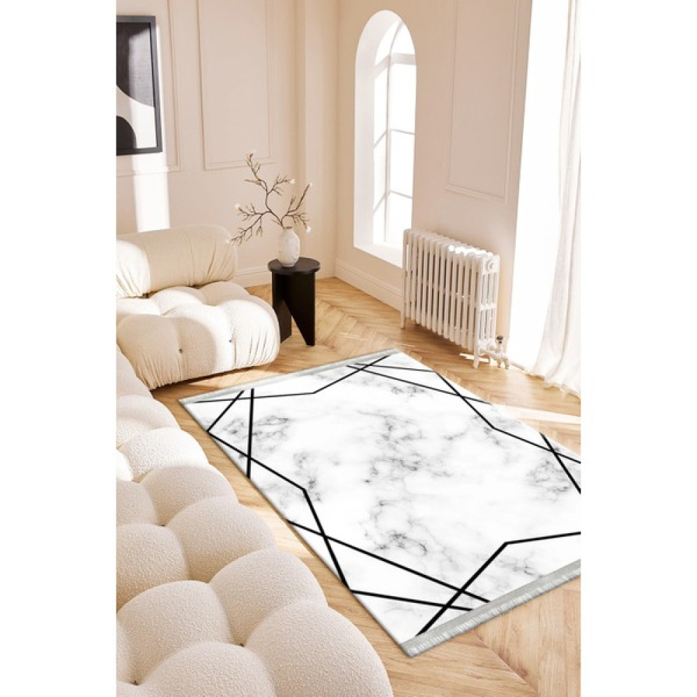Roslyn Home Eskitme Modern Desenli Yıkanabilir Yolluk Kaymaz Tabanlı Dot Taban Kadife Kumaş Balkon Halısı - 120 x 180 cm - Siyah Salon Halısı Fiyatı