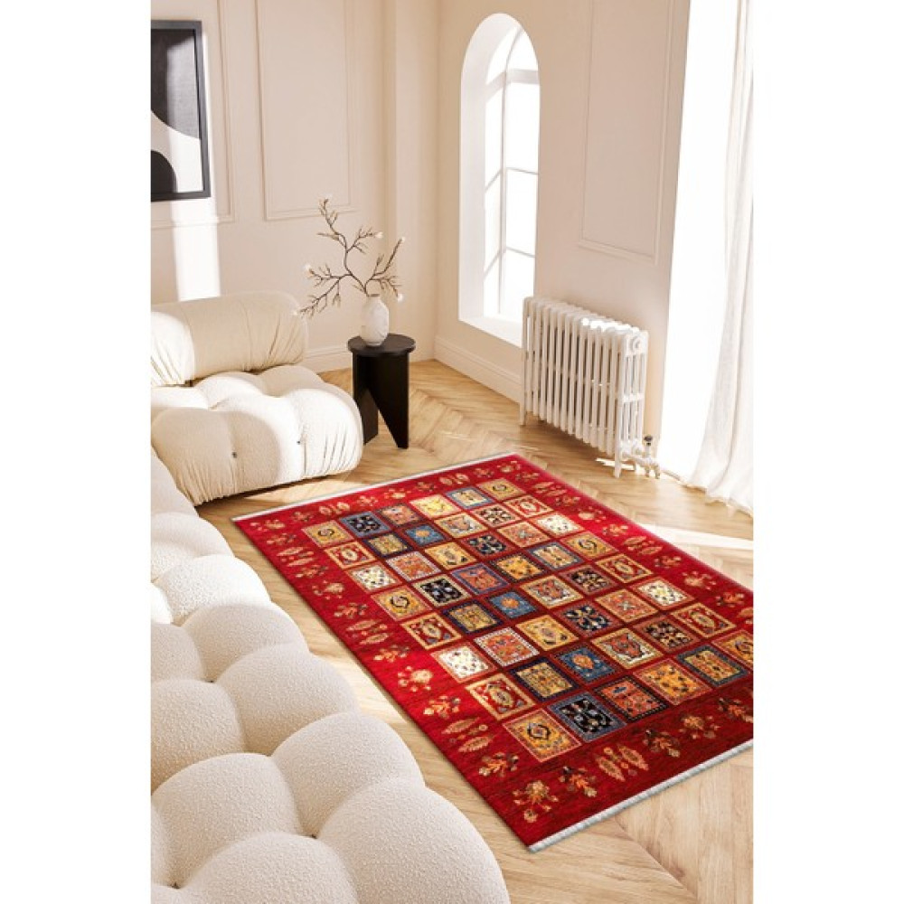 Roslyn Home Eskitme Vintage Yıkanabilir Kaymaz Taban Kilim Dijital Baskı Yolluk Kadife Kumaş Dokuma Taban Halı - 120 x 120 cm - Kırmızı Salon Halısı Fiyatı