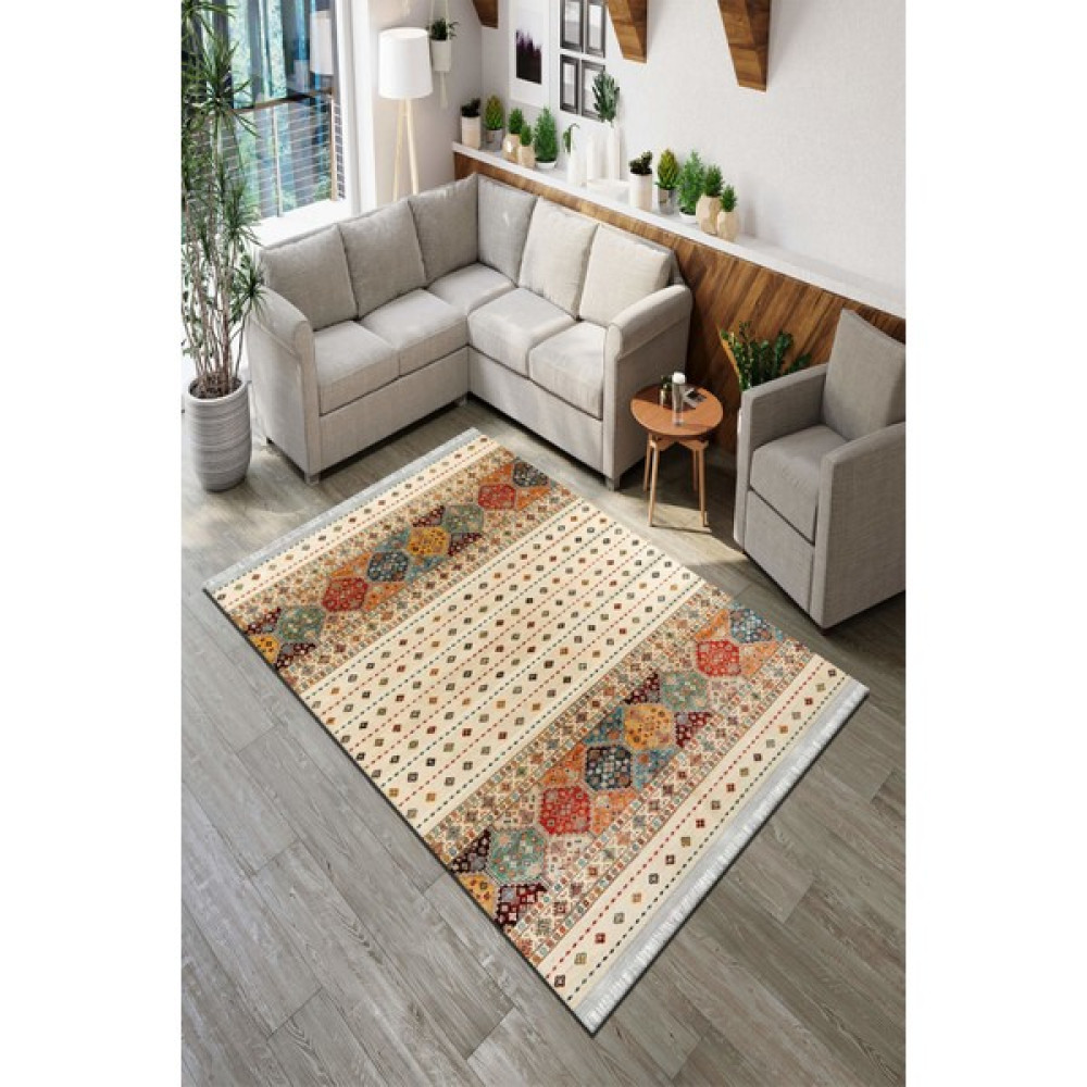 Roslyn Home Etnik Desenli Dekoratif Yıkanabilir Vintage Kilim Kadife Kumaş Dot Taban Leke Tutmaz Hol Halısı - 160 x 230 cm - Açık Bej Salon Halısı Fiyatı