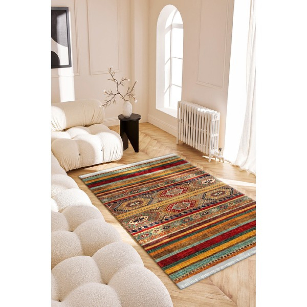 Roslyn Home Etnik Vintage Desen Dekoratif Kesme Yolluk Kadife Kumaş Dot Taban Kilim Salon Halısı - 80 x 300 cm - Sarı Salon Halısı Fiyatı