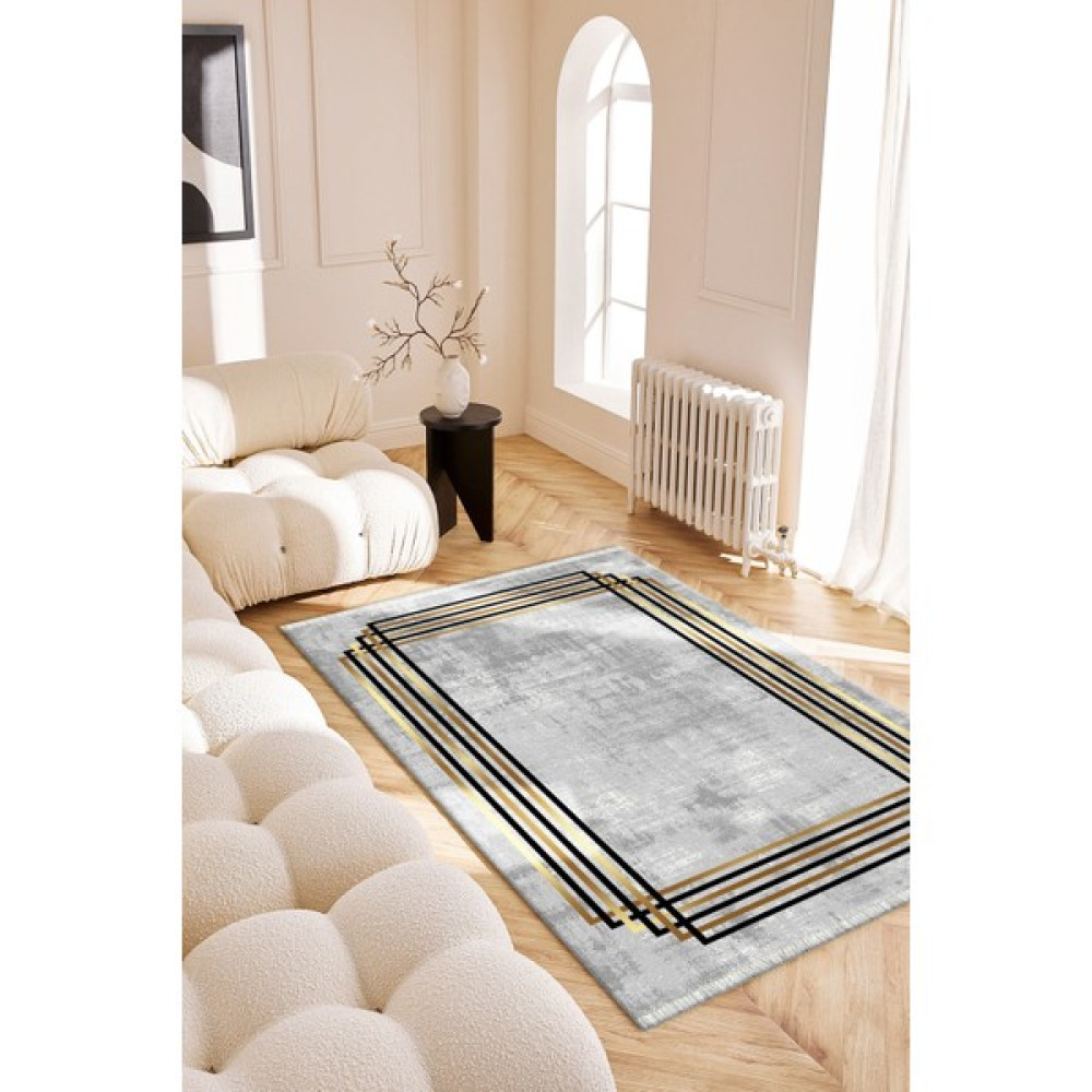 Roslyn Home Gri Gold Modern Çizgili Kaymaz Tabanlı Yıkanabilir Kilim Yolluk Süngerli Dot Taban Mutfak Halısı - 80 x 140 cm Salon Halısı Fiyatı