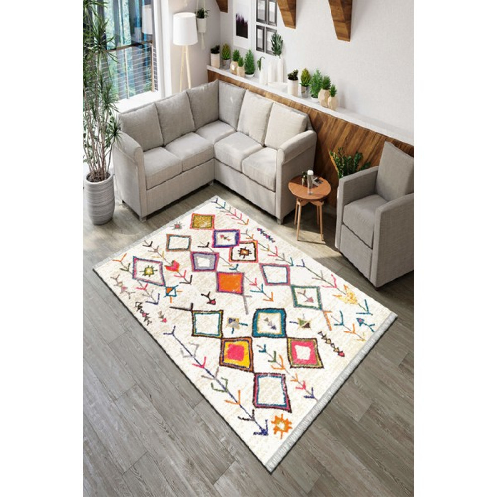 Roslyn Home Iskandinav Desen Vintage Yıkanabilir Bohem Pamuk Taban Kilim Kadife Kumaş Dot Taban Salon Halısı - 200 x 300 cm - Kırık Beyaz Salon Halısı Fiyatı