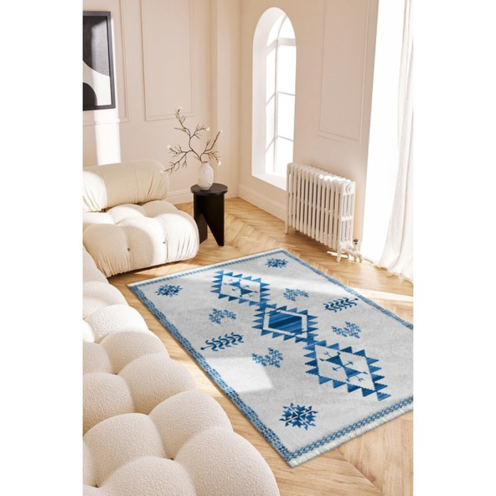 Roslyn Home Iskandinav Desen Yıkanabilir Yolluk Kaymaz Taban Kilim Kadife Kumaş Dokuma Taban Salon Halısı - 80 x 140 cm - Mavi Salon Halısı Fiyatı