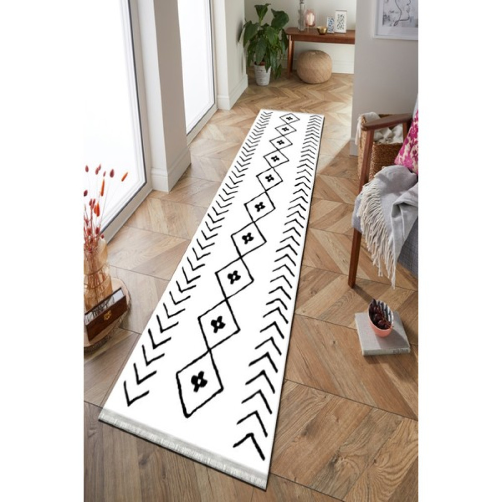 Roslyn Home Iskandinav Desen Yolluk Kaymaz Tabanlı Yıkanabilir Uzun Yolluk Kadife Kumaş Dokuma Taban Antre Halı - 80 x 140 cm - Beyaz Yolluk Fiyatı