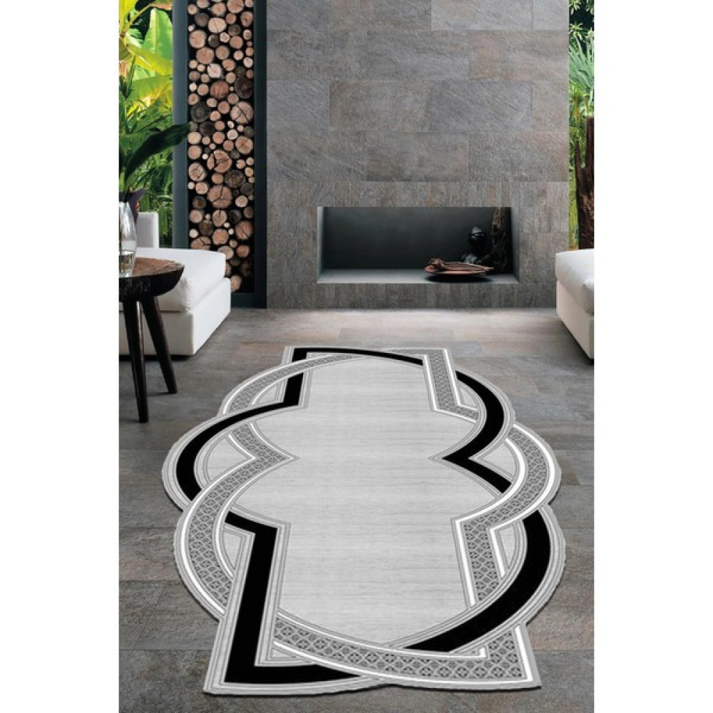 Roslyn Home Lazer Kesim Yıkanabilir Halı Dekoratif Kaymaz Tabanlı Kadife Kumaş Süngerli Dot Taban Salon Halısı - 80 x 300 cm - Gümüş Salon Halısı Fiyatı