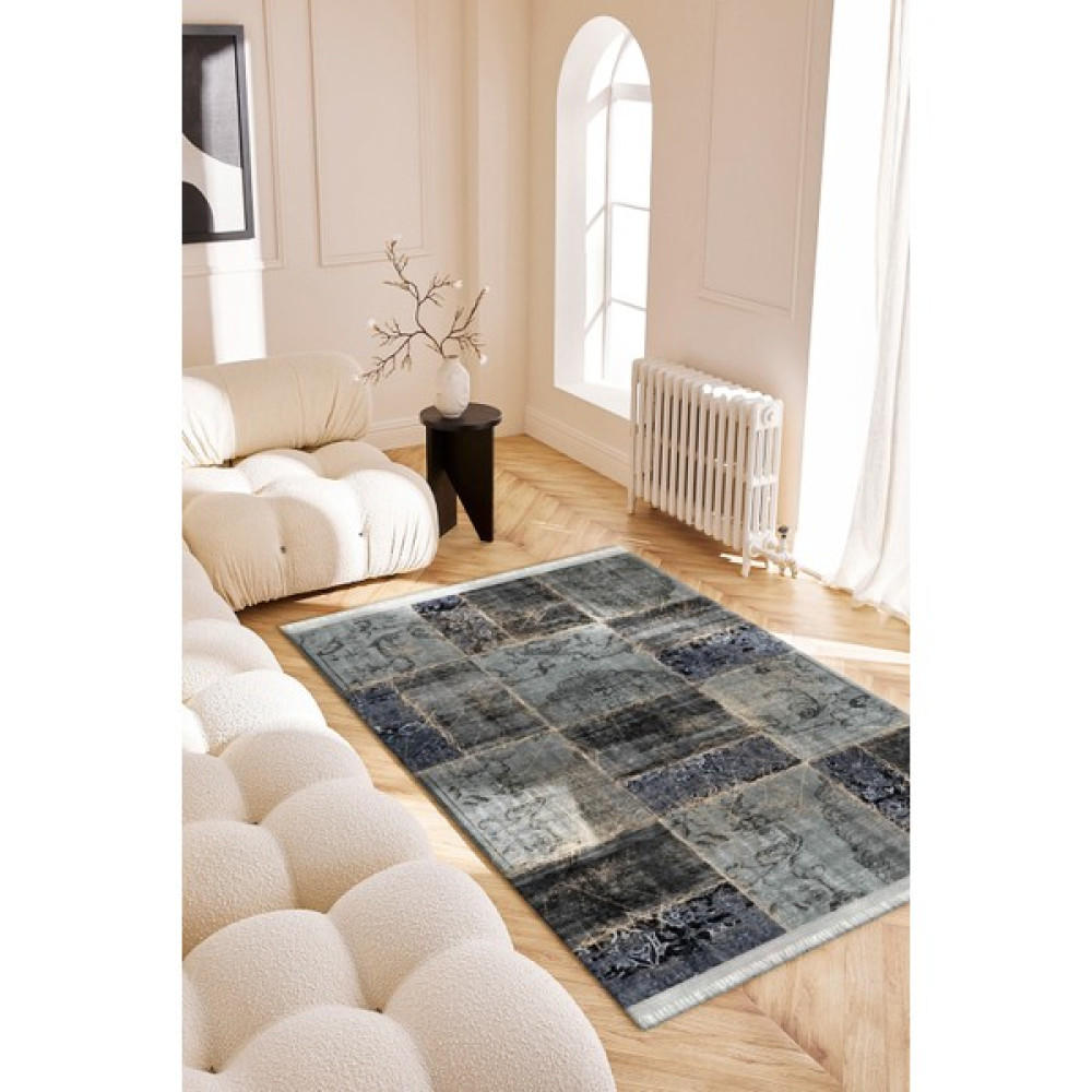 Roslyn Home Modern Çizgili Antrasit Yıkanabilir Dekoratif Salon Halısı Kadife Kumaş Dot Taban Mutfak Halısı - 80 x 140 cm - Gri Salon Halısı Fiyatı