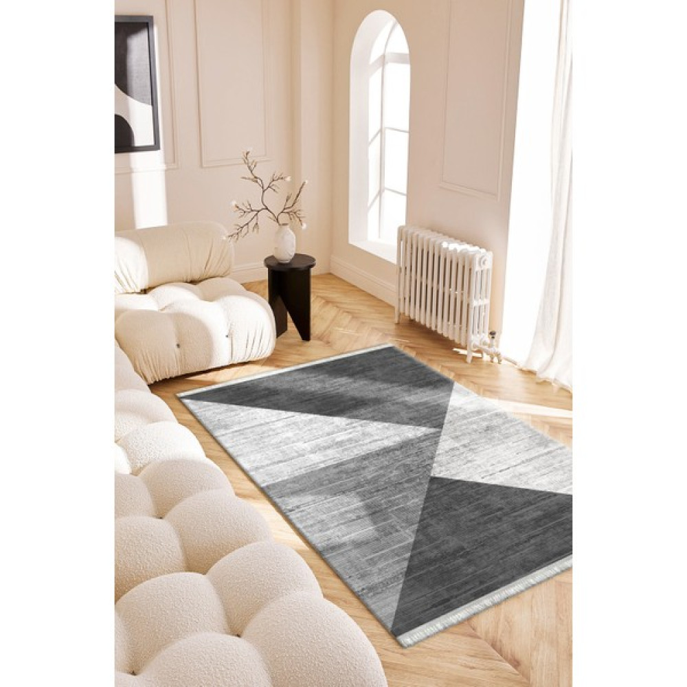 Roslyn Home Patchwork Geometrik Desenli Yolluk Dijital Baskı Yıkanabilir Halı Kadife Kumaş Dokuma Taban Kilim - 80 x 140 cm - Gri Salon Halısı Fiyatı