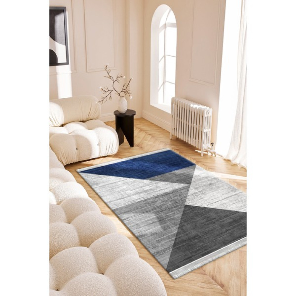Roslyn Home Patchwork Geometrik Desenli Yolluk Dijital Baskı Yıkanabilir Halı Kadife Kumaş Dokuma Taban Kilim - 80 x 140 cm - Lacivert Salon Halısı Fiyatı