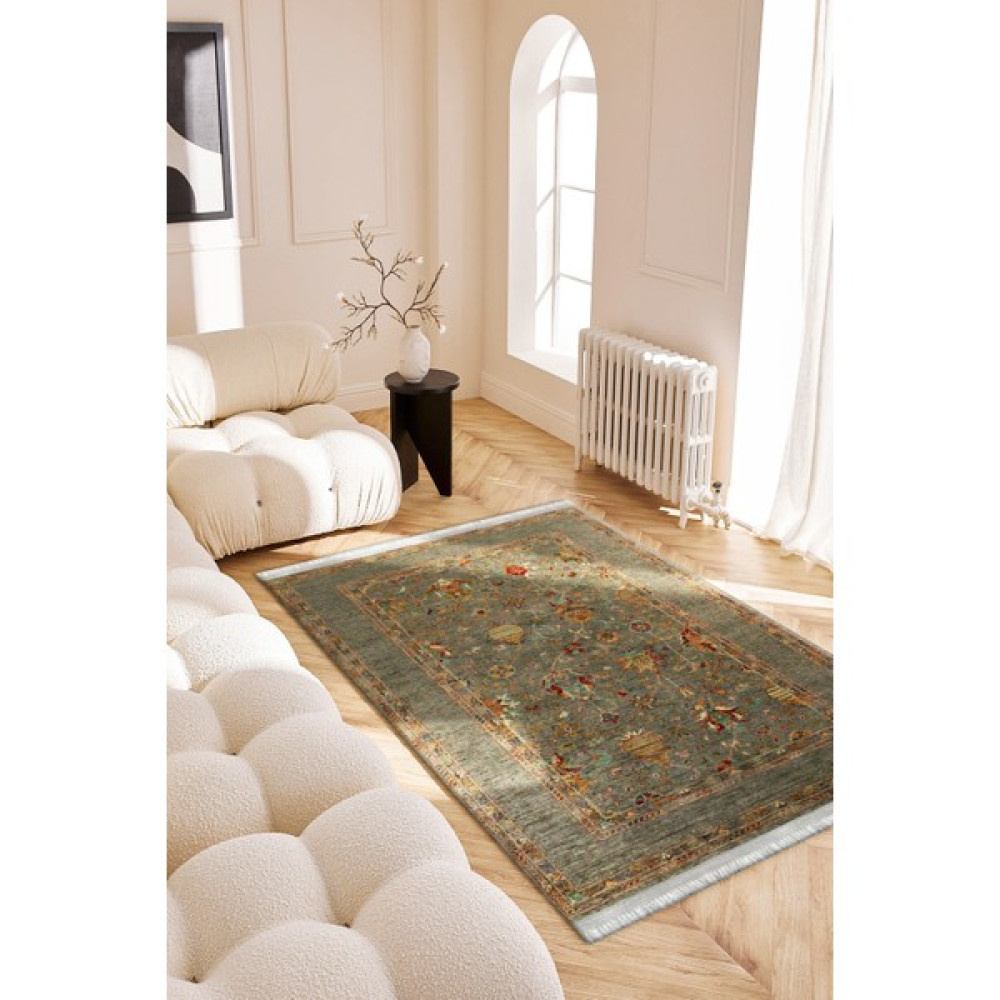 Roslyn Home Vintage Desen Dekoratif Yıkanabilir Kaymaz Tabanlı Kilim Kadife Kumaş Dot Taban Koridor Halısı - 200 x 300 cm - Haki Salon Halısı Fiyatı