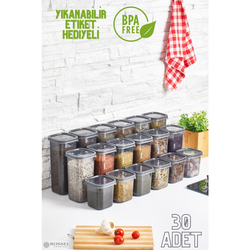 Rossel Premium Lüks Füme 30'lu Erzak Saklama Kabı Etiket Hediyeli Eşya Saklama / Düzenleme Fiyatı