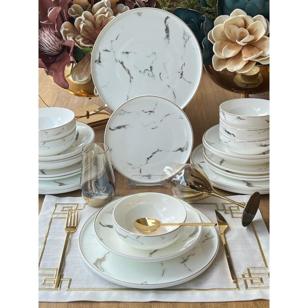 Rossev Yemek Takımı Marble Gold 24 Parça 6 Kişilik - Yemek takımı dışındaki tüm ürünler görsel amaçlı kullanılmış olup takıma dahil değildir. Yemek Takımı Fiyatı