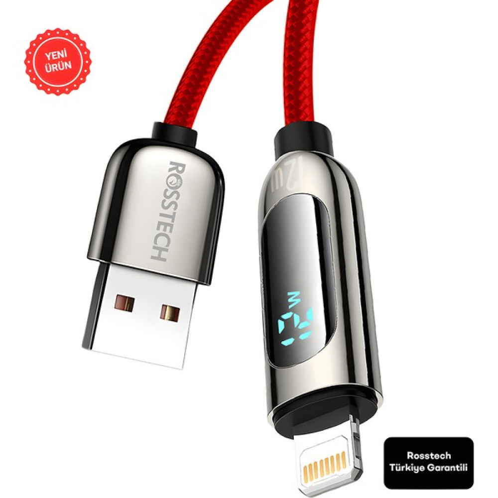 Rosstech 12W Lightning To USB Dijital Ekranlı Hızlı Şarj Kablosu 1.2m (Rosstech Türkiye Garantili) - Kırmızı Cep Telefonu Kablosu Fiyatı