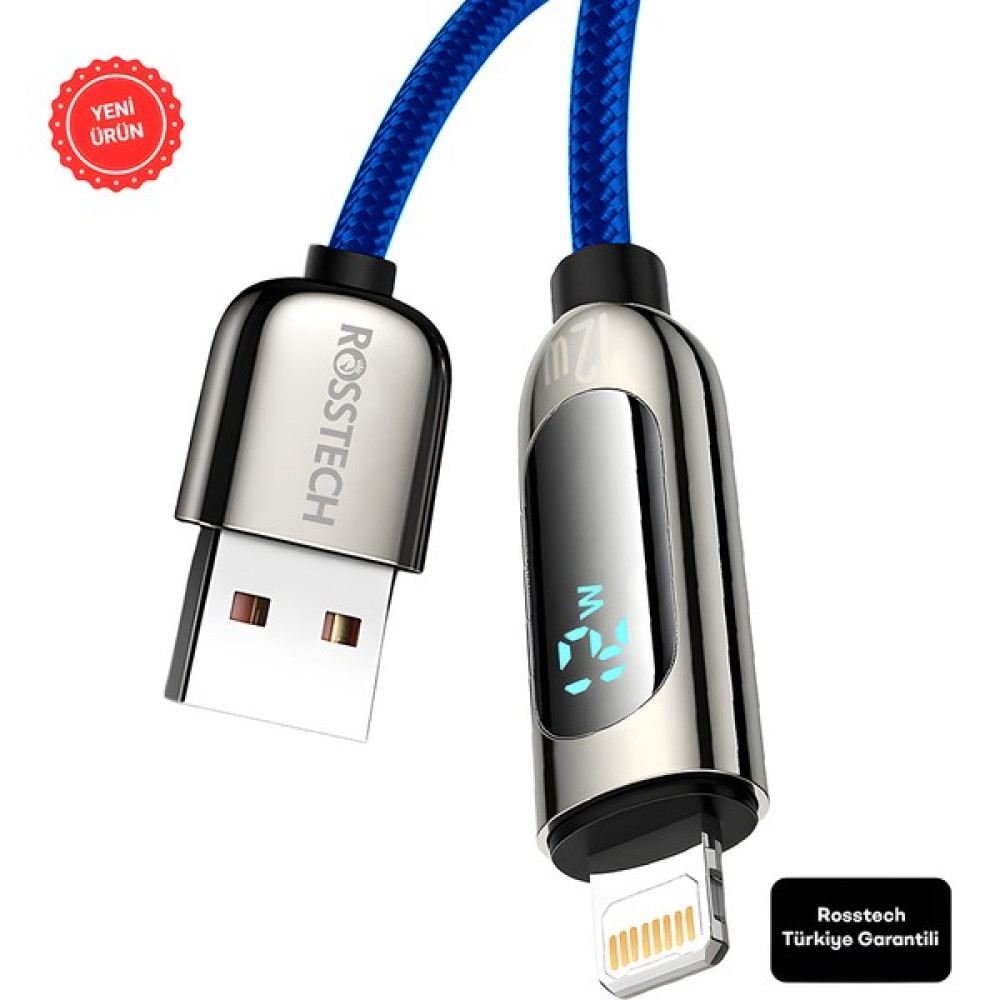 Rosstech 12W Lightning To USB Dijital Ekranlı Hızlı Şarj Kablosu 1.2m (Rosstech Türkiye Garantili) - Lacivert Cep Telefonu Kablosu Fiyatı