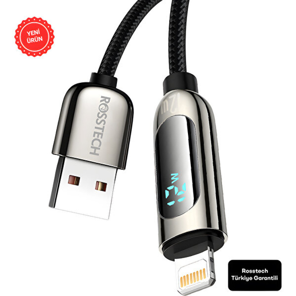 Rosstech 12W Lightning To USB Dijital Ekranlı Hızlı Şarj Kablosu 1.2m (Rosstech Türkiye Garantili) - Siyah Cep Telefonu Kablosu Fiyatı