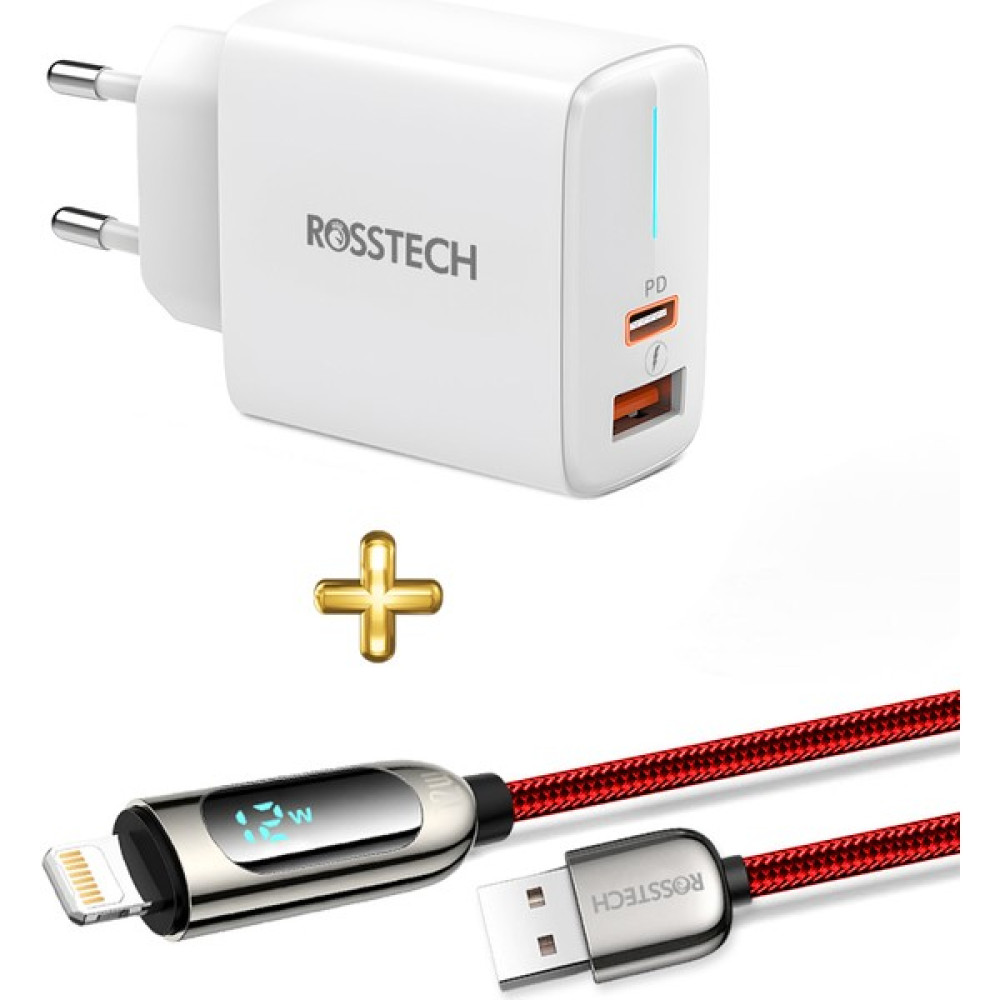 Rosstech 20W Pd Hızlı Şarj Adaptörü + 12W Lightning To USB Dijtal Ekranlı Hızlı Şarj Kablosu Seti - Kırmızı Cep Telefonu Şarj Cihazı Fiyatı