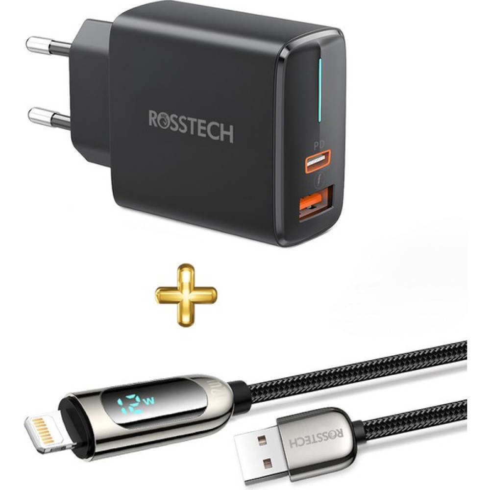 Rosstech 20W Pd Hızlı Şarj Adaptörü + 12W Lightning To USB Dijtal Ekranlı Hızlı Şarj Kablosu Seti - Siyah Cep Telefonu Şarj Cihazı Fiyatı