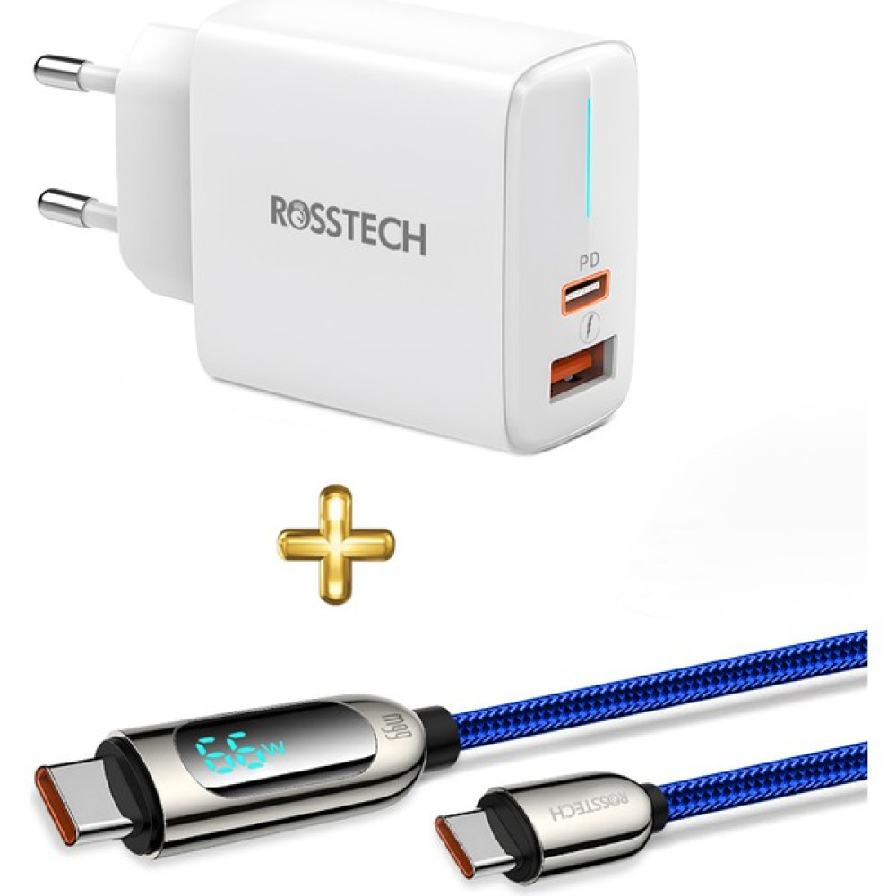 Rosstech 20W Pd Hızlı Şarj Adaptörü + 20W Usb-C To Lightning Dijtal Ekranlı Hızlı Şarj Kablosu Seti - Lacivert Cep Telefonu Şarj Cihazı Fiyatı