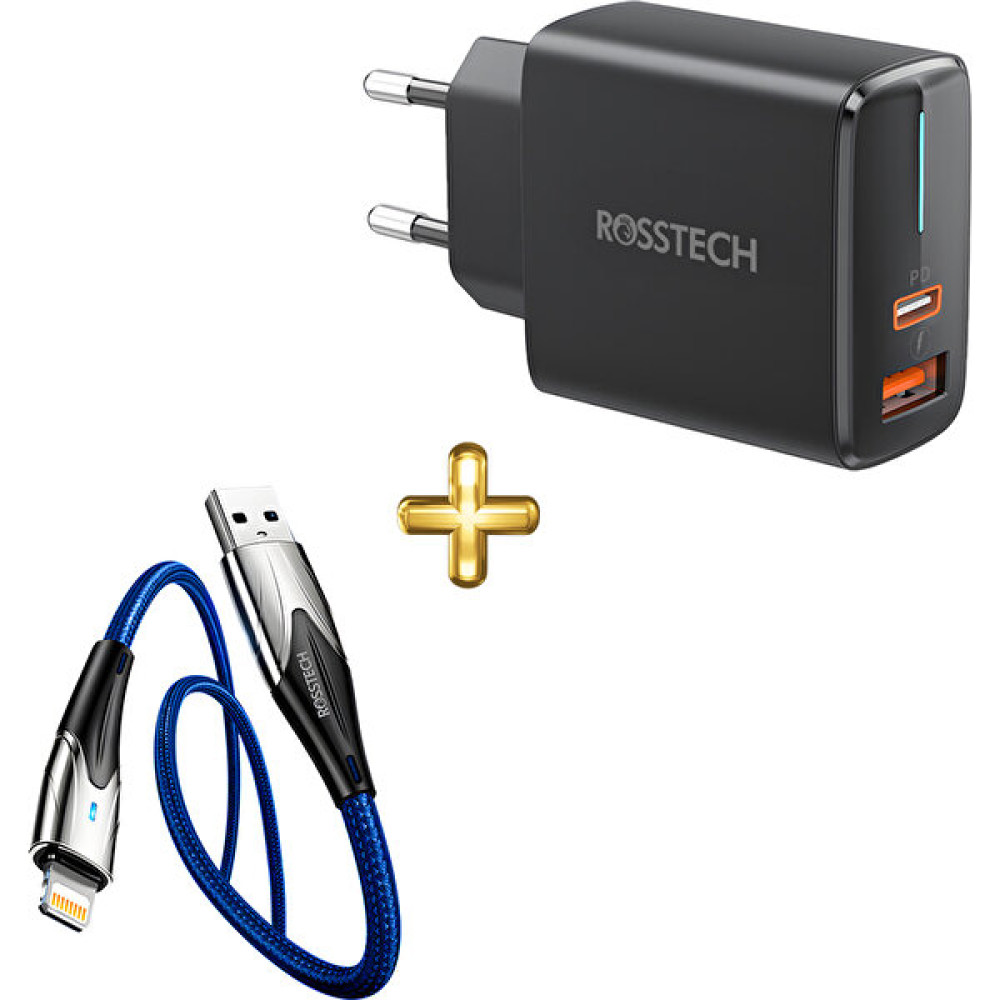 Rosstech 20W Pd Hızlı Şarj Adaptörü + Lightning To USB LED Işıklı Hızlı Şarj Kablosu Seti - Lacivert Cep Telefonu Şarj Cihazı Fiyatı