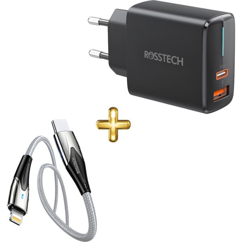 Rosstech 20W Pd Hızlı Şarj Adaptörü + Usb-C To Lightning LED Hızlı Şarj Kablosu Seti - Gri Cep Telefonu Şarj Cihazı Fiyatı