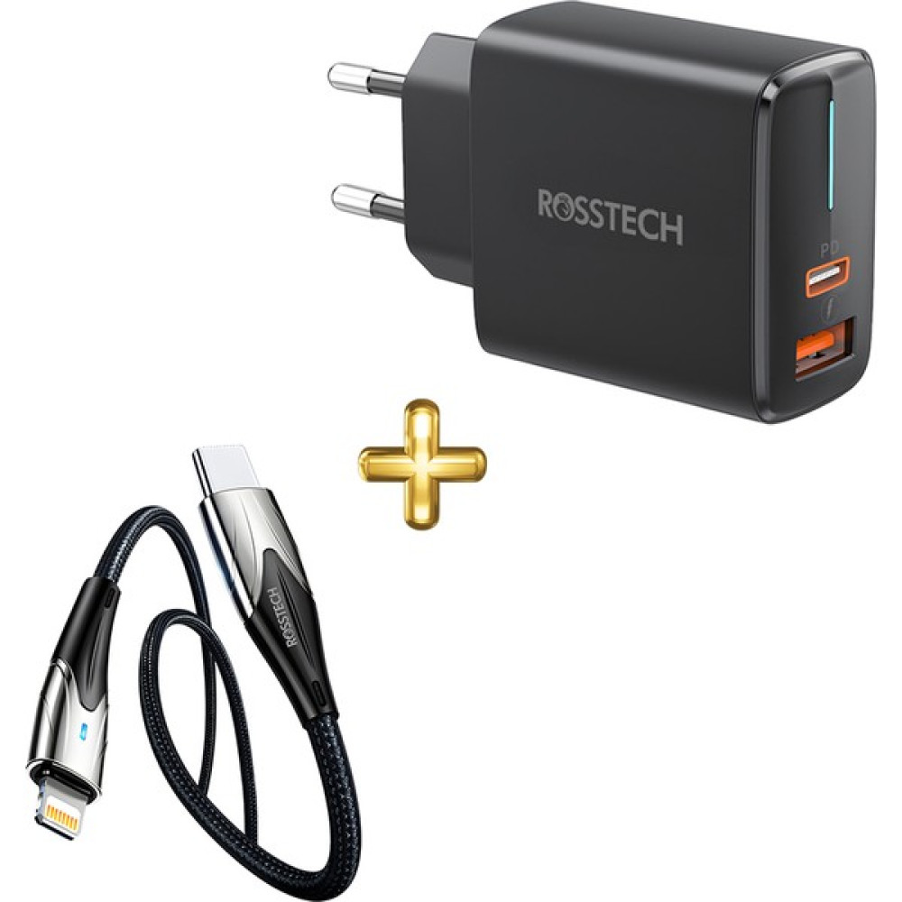 Rosstech 20W Pd Hızlı Şarj Adaptörü + Usb-C To Lightning LED Hızlı Şarj Kablosu Seti - Siyah Cep Telefonu Şarj Cihazı Fiyatı