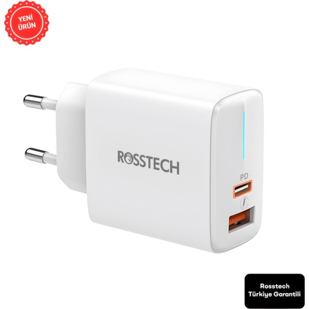 Rosstech 20W Pd LED Göstergeli Ultra Hızlı Şarj Adaptörü Usb-C Pd 20W + Usb-A Quick Charge 3.0 Dual Port (Rosstech Türkiye Garantili) - Beyaz Cep Telefonu Şarj Cihazı Fiyatı