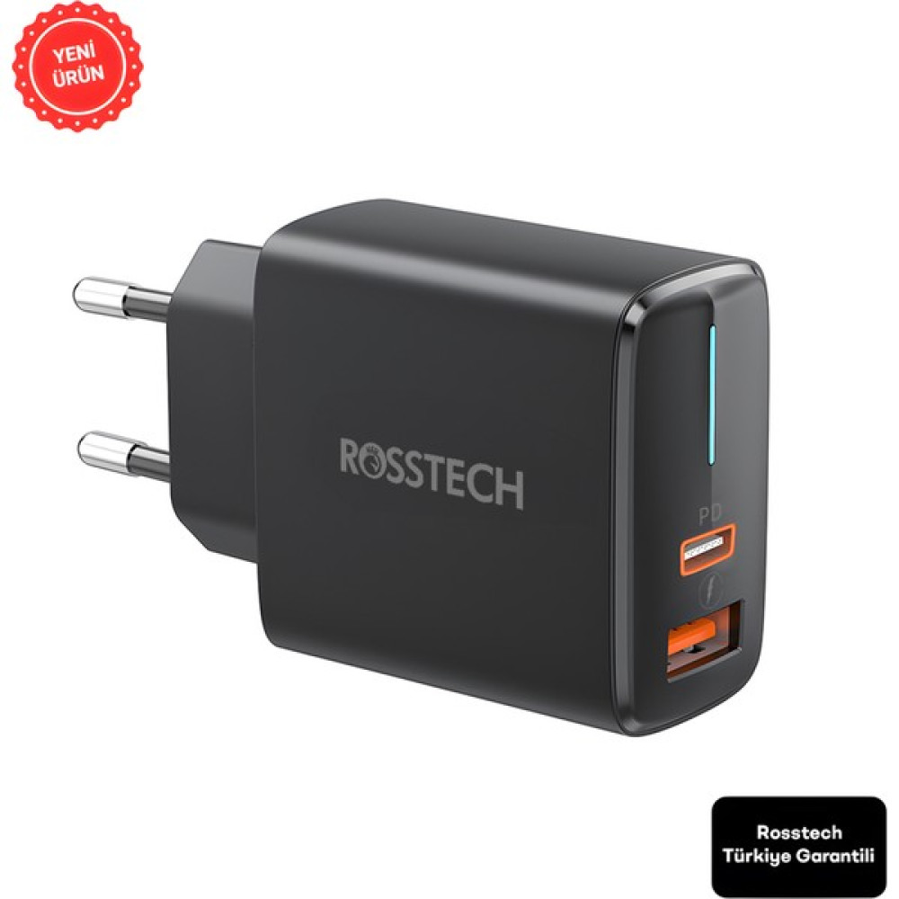 Rosstech 20W Pd LED Göstergeli Ultra Hızlı Şarj Adaptörü Usb-C Pd 20W + Usb-A Quick Charge 3.0 Dual Port (Rosstech Türkiye Garantili) - Siyah Cep Telefonu Şarj Cihazı Fiyatı