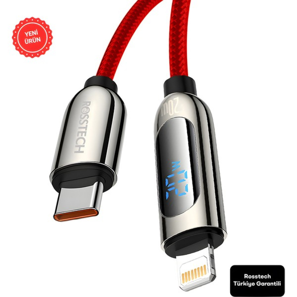 Rosstech 20W Usb-C To Lightning Dijital Ekranlı Hızlı Şarj Kablosu 1.2m (Rosstech Türkiye Garantili) - Kırmızı Cep Telefonu Kablosu Fiyatı